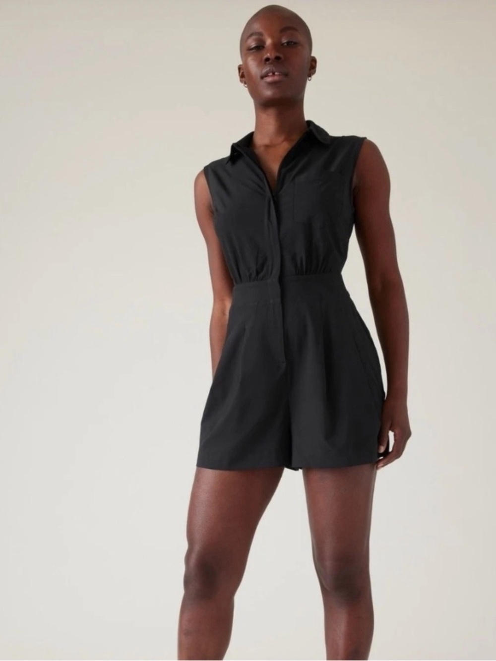 NWT Athleta Brooklyn Black Sleeveless Romper Size 8P Zip Front Collared Athletic